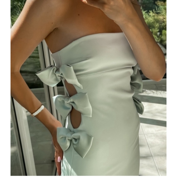 Bloggers Fave Zara Bow Dress, Size S Light Blue Green Sage - Picture 3 of 11